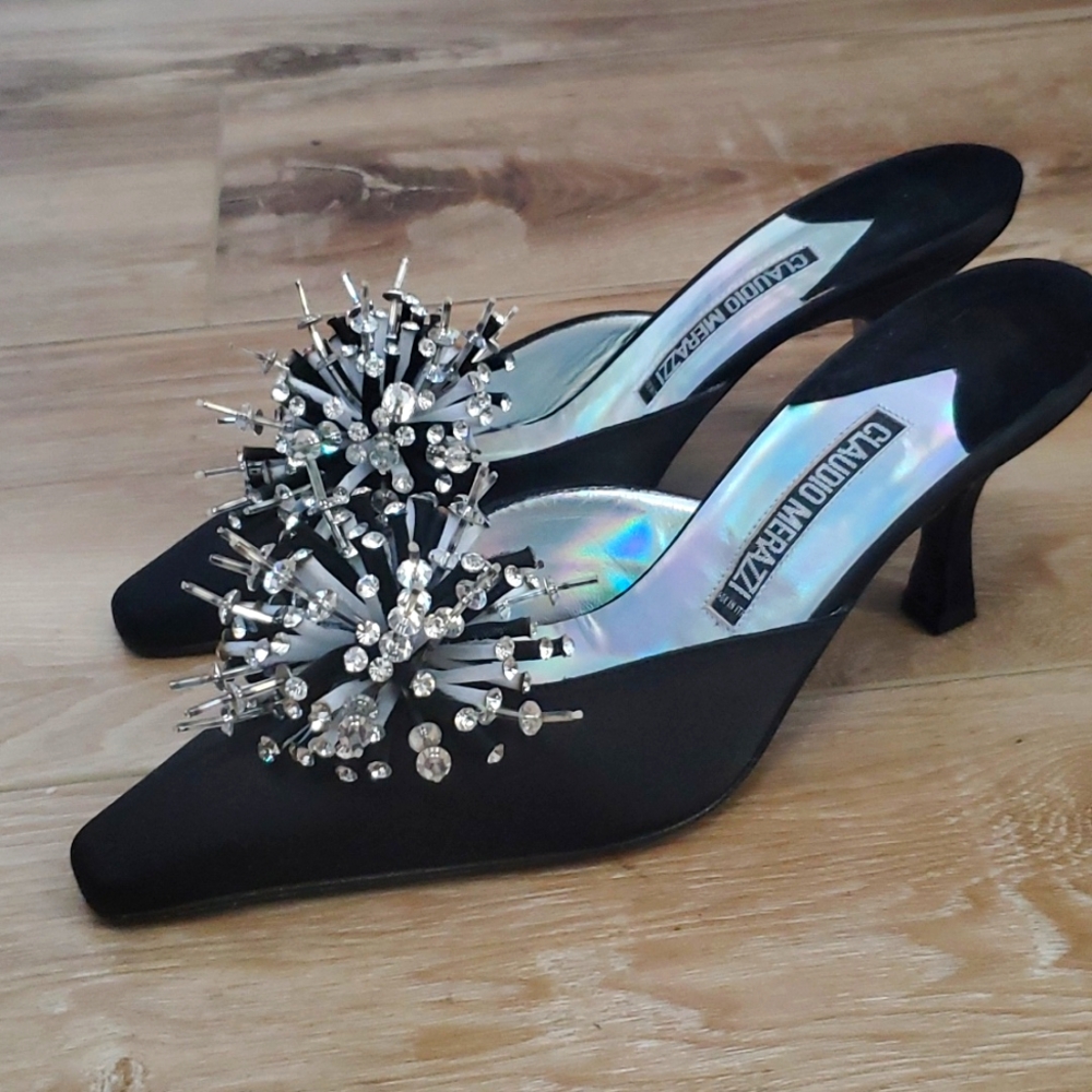 EUC Claudio Merrazi Glitzy Satin Kitten Heel Mules